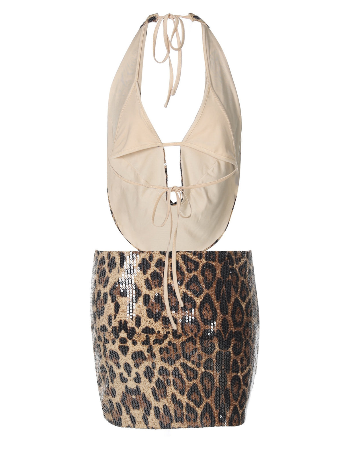 Leopard Print Sequins Halter Neck Low-cut Bodycon Mini Skirt 2-piece Sets