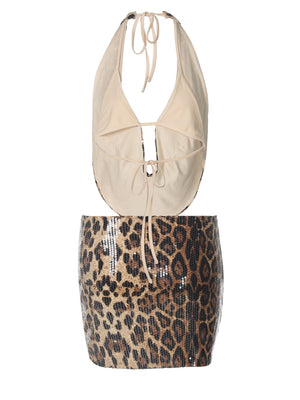 Leopard Print Sequins Halter Neck Low-cut Bodycon Mini Skirt 2-piece Sets