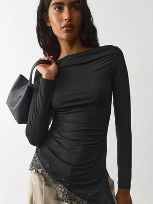 New Women's Simple Solid Color Design, Lace Trim And Slits At The Hem, Slim Fit Long Sleeve Top