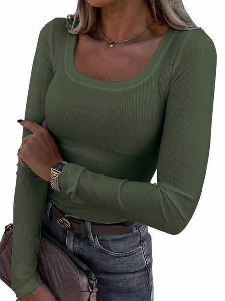 Threaded Groove Trimming Long Sleeve U-neck Base T-shirts