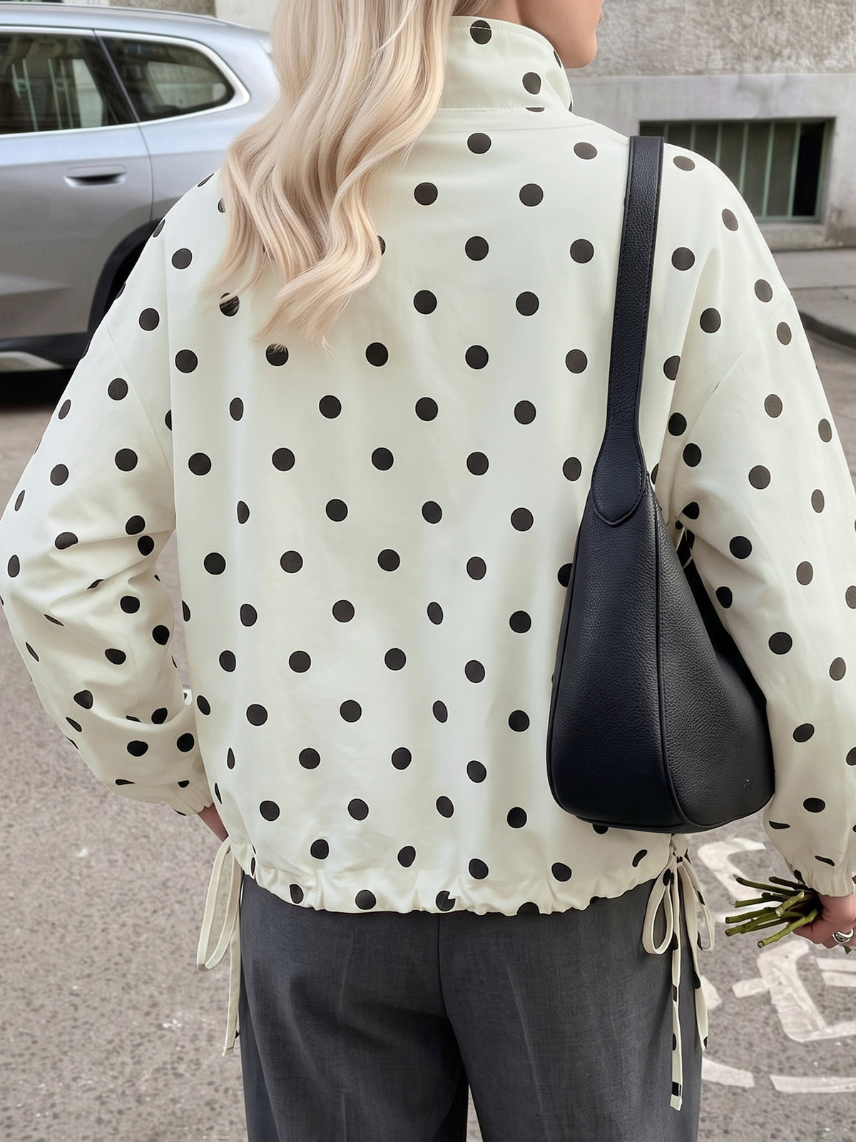 Stand-up Collar Drawstring Sweet And Cool Women's Color-blocked Polka Dot Jacket