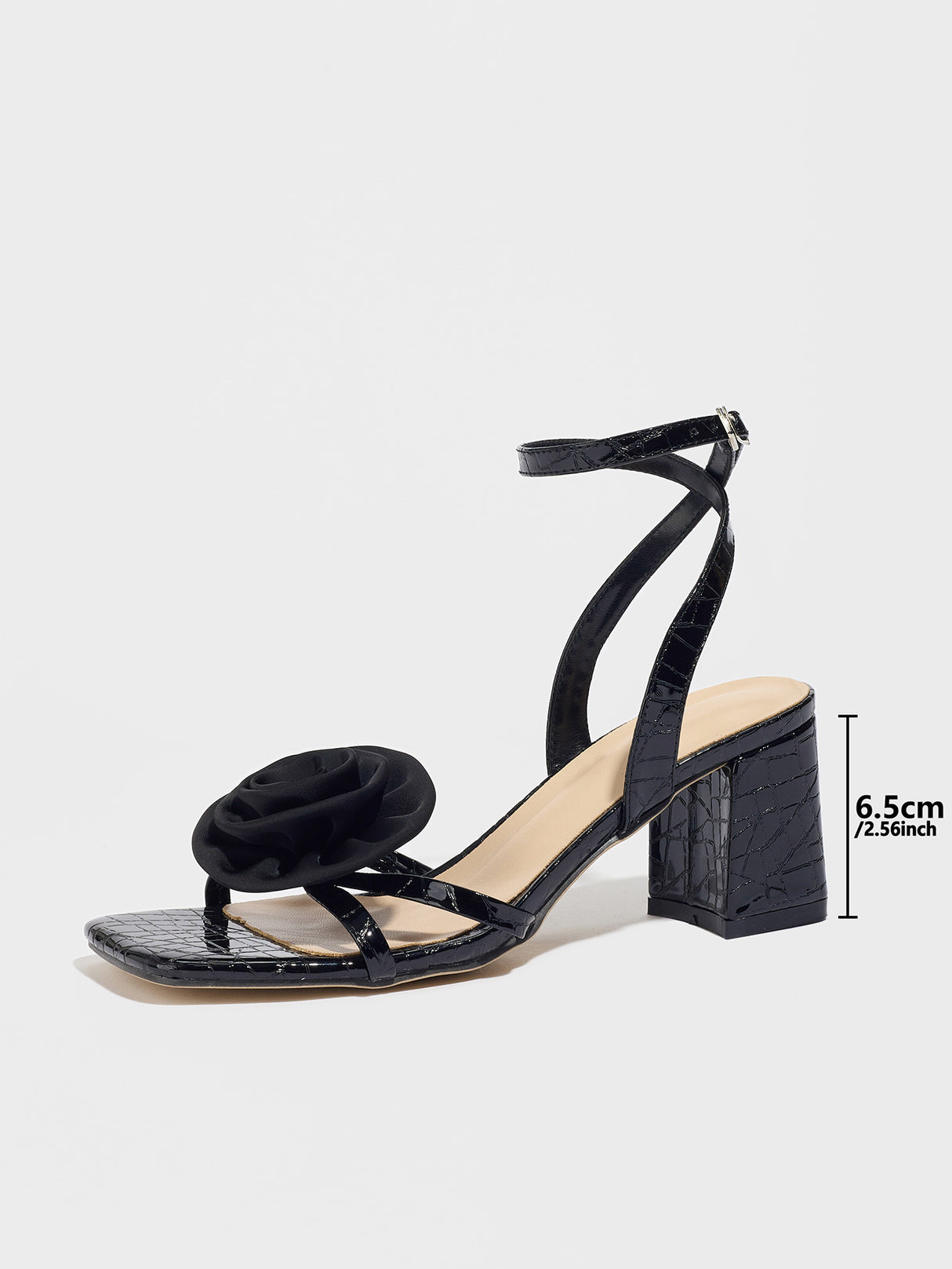 Black Square-toe High-heeled Sandals With 3D Floral Embossing