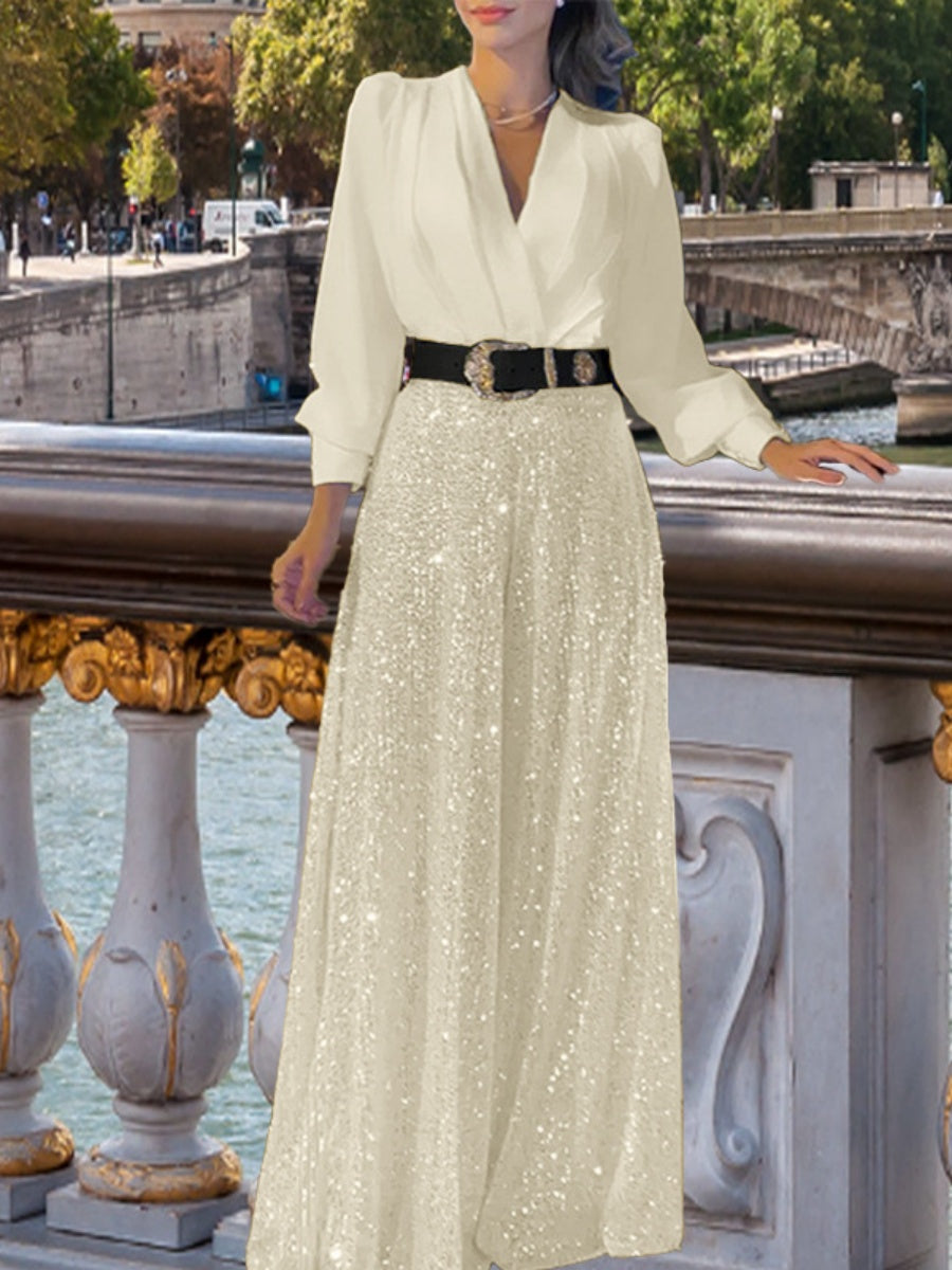 V-neck Long Sleeve Grace Waist Slimming Sequins With Belt Bodysuit