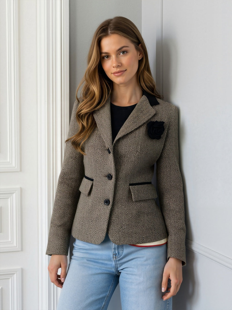 Herringbone Fabric Flower Brooch Commuting Women's Blazers