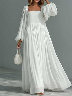 Vacation Balloon Sleeve Big Swing Square Collar Comfort Maxi Dresses