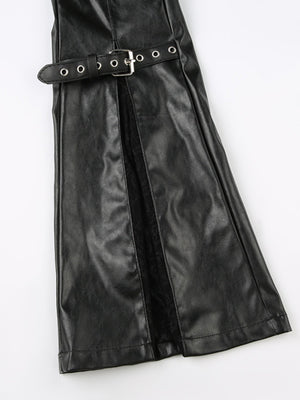 Leather Lace Patchwork Eyelet Buckle Low-rise Bell-bottoms Pants