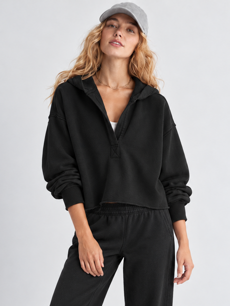 Women's Autumn/Winter Solid Color V-Neck Frayed Edge Long Sleeve Short Hooded Sweatshirt