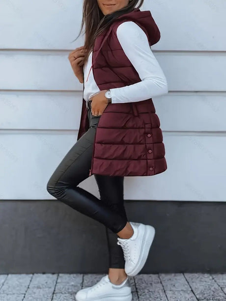 Mid-length Hooded Design Keep Warm Leisure Zipper Pocket Quilted Vest