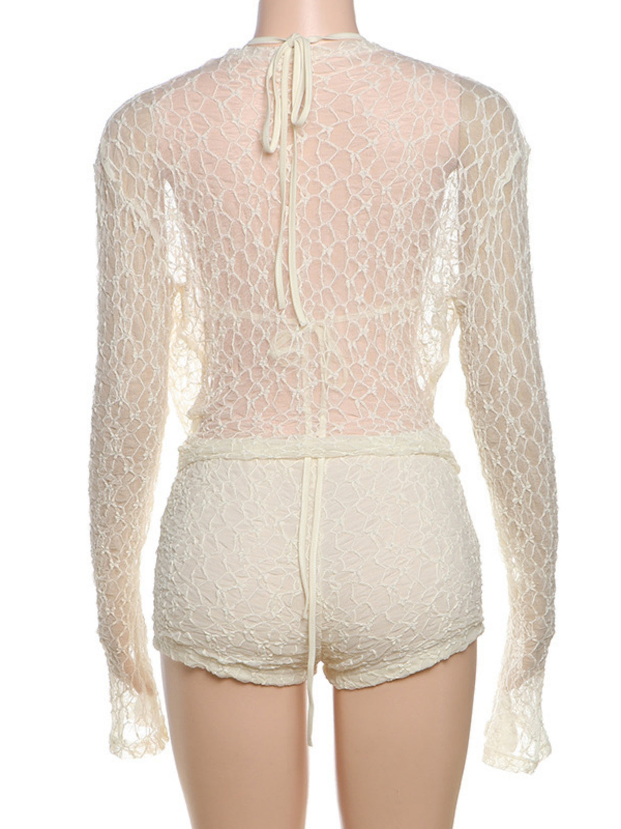 Lace Cutout Long-sleeved Cover-up Halter Neck Strap Slim-fit Shorts 3-piece Sets