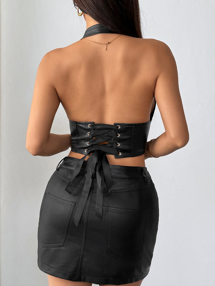 PU Leather Halter Button-down Style Waist Camisoles