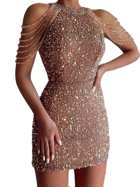 Halter Neck, Off-shoulder, Tassel, Bodycon, Crystal-trimmed Sequined Short Dress