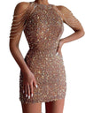 Halter Neck, Off-shoulder, Tassel, Bodycon, Crystal-trimmed Sequined Short Dress