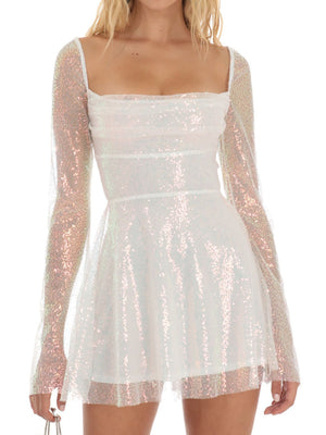 Sequins Bow Tie Long-sleeved Backless Mini&Short Dresses