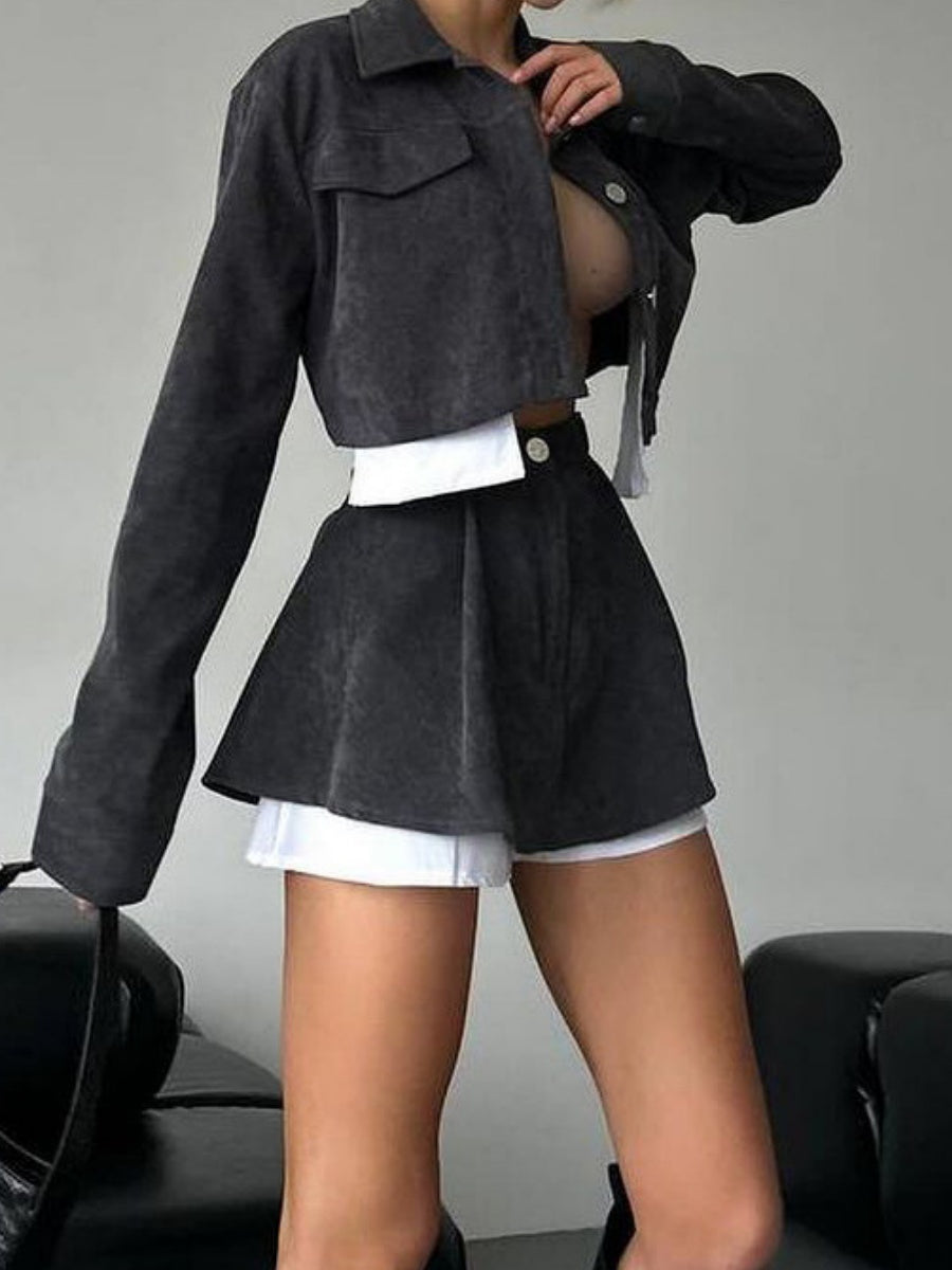 Liber Autumn women's contrasting navel-baring clothing Short Long sleeve Shirt Short skirt two-piece suit