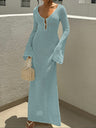 V-neck Round Button Long-sleeved Vacation Maxi Dress/beach Wear
