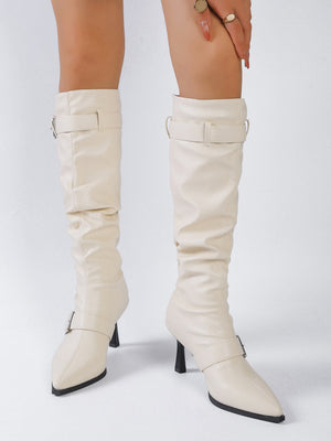 Pleated High-top Pointed-toe Stiletto Heels With Buckle Belt For Women