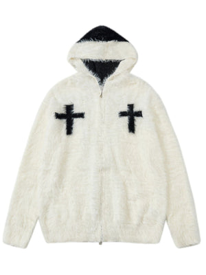 Retro Mohair Loose Zipper Hooded Cardigans