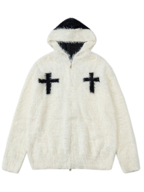 Retro Mohair Loose Zipper Hooded Cardigans