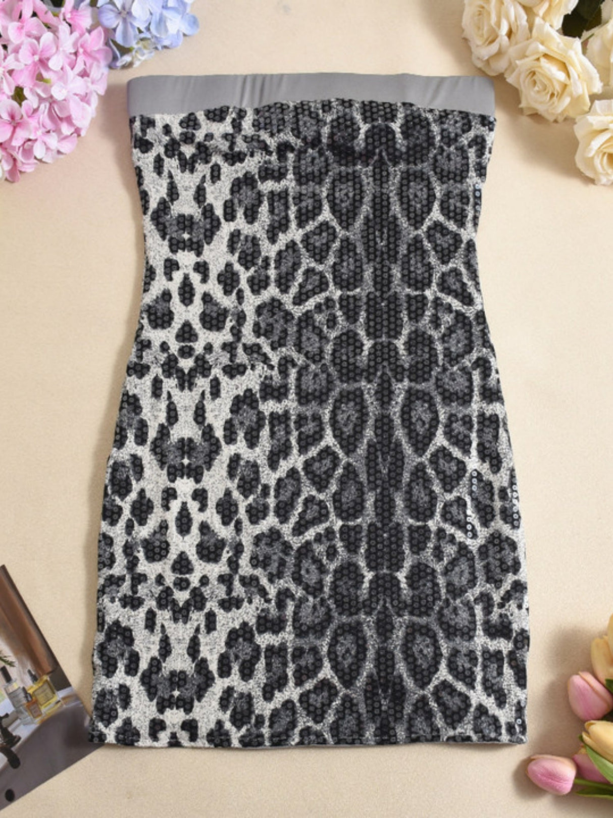 Liber Leopard Print Sequins Color Matching Bodycon Mini&Short Dresses