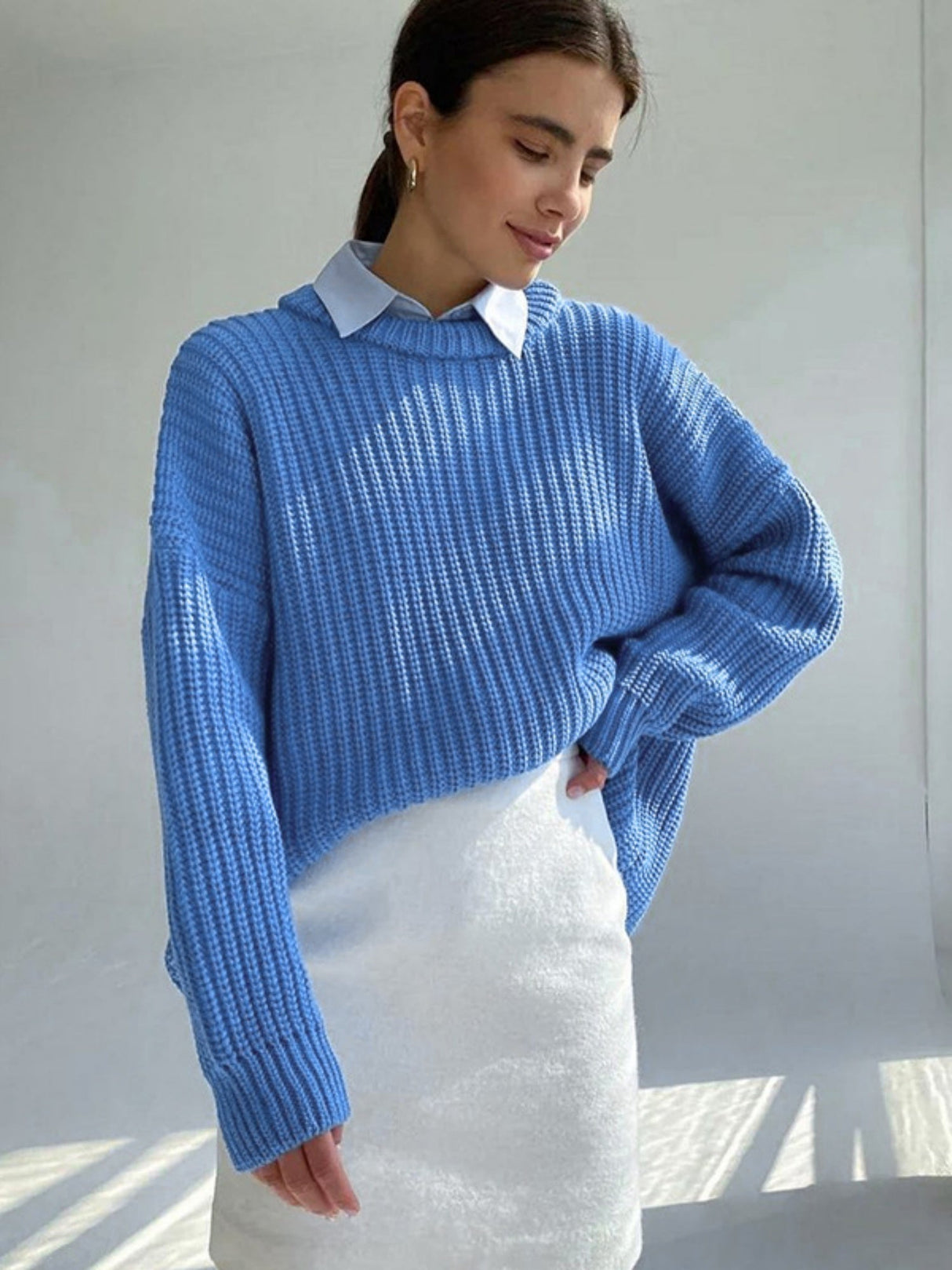 Liber Crew Neck Loose Solid Color Knitted Sweater