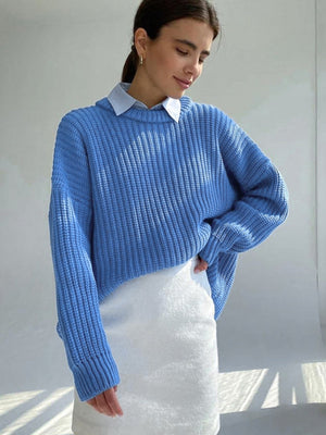 Liber Crew Neck Loose Solid Color Knitted Sweater
