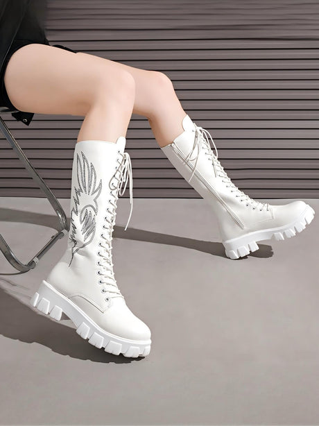 Lace-up Zippered Knee-high Platform Embroidered Vintage Women's Boots