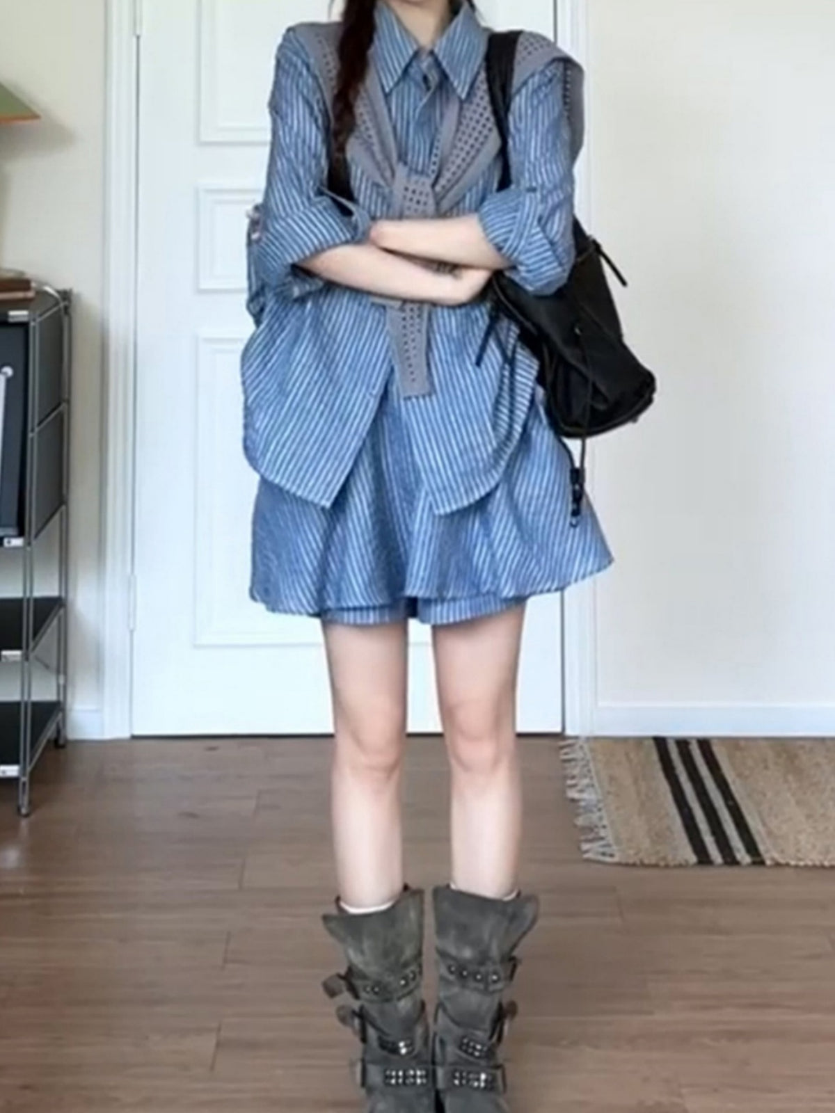 Korean Style Simple And Gentle Navy Striped Two-piece Set