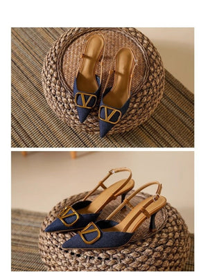 Liber Spring and Autumn Denim Metal Buckle Women's High Heels