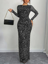 Leopard Print See-through Mesh Slimming And Waist-cinching Long-sleeved Long Dress