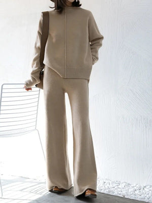 Slit Turtleneck Loose Sweaters Wide-leg Pants 2-piece Sets