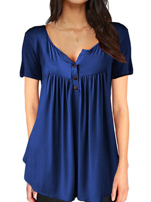 V-neck Pleated Buttons Loose-fit Short-sleeved T-shirt