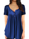 V-neck Pleated Buttons Loose-fit Short-sleeved T-shirt
