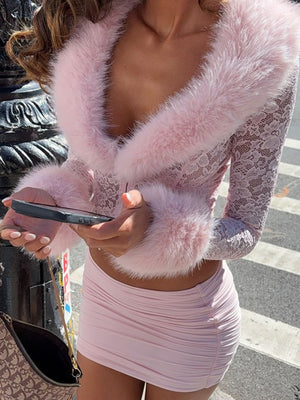 Lace Plush Long-sleeved Top And Short Skirt 2-piece Sets