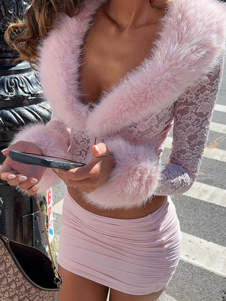 Lace Plush Long-sleeved Top And Short Skirt 2-piece Sets