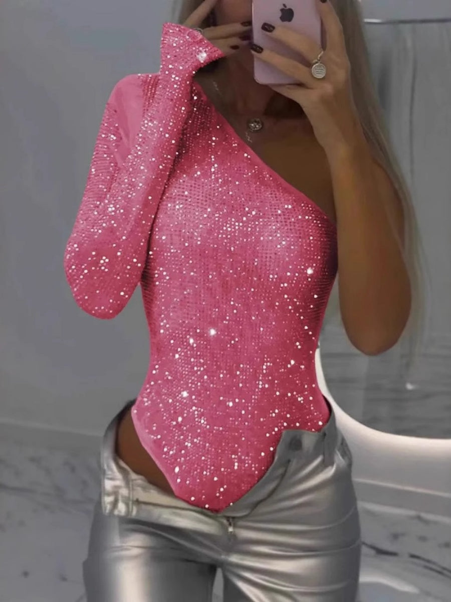 One-shoulder Tight-fitting Rhinestone Sequined Bodysuits