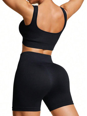 Piping Yoga Navel Exposed Suspender Shorts 2-piece Sets