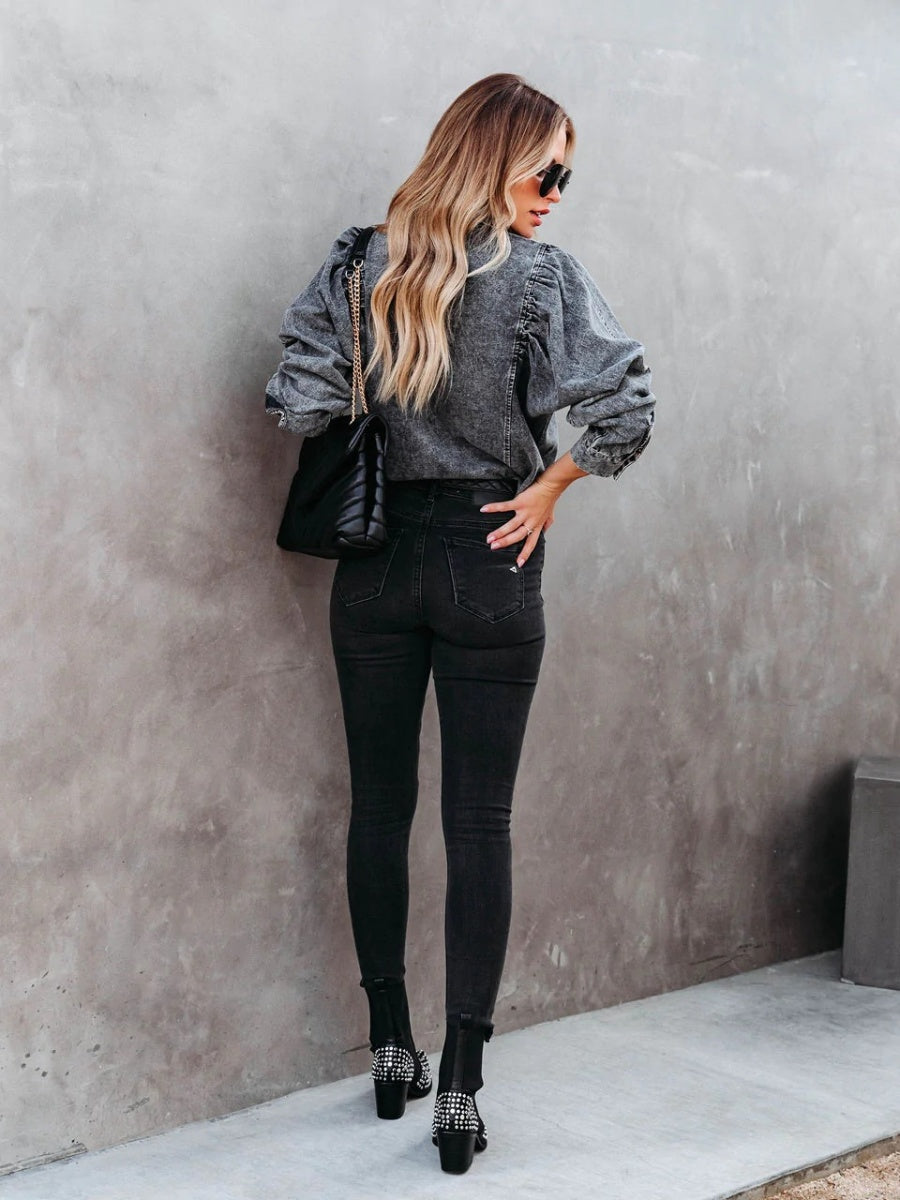 Distressed Cardigan Leg Of Mutton Sleeves Cowboy Long Sleeve Daily Workplace Chiffon Shirts/shirts