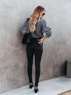 Distressed Cardigan Leg Of Mutton Sleeves Cowboy Long Sleeve Daily Workplace Chiffon Shirts/shirts