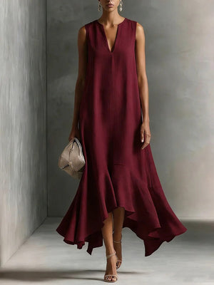 Sleeveless Irregular Hem Deep V-neck Maxi Dresses