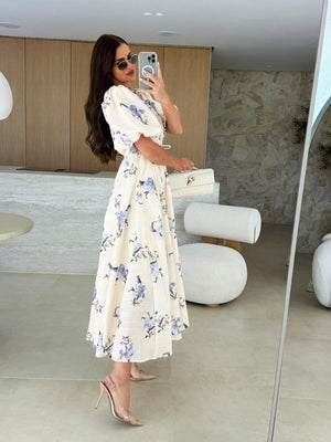V-neck Puff Sleeve Printed Bandage Large Skirt Vacation And Leisure Maxi Dresses
