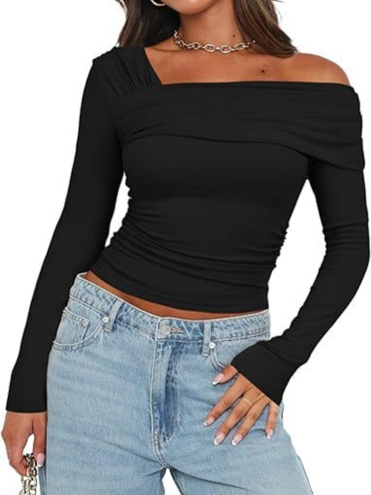 Y2K Pleated Slim Fit One-shoulder Long Sleeve T-shirts