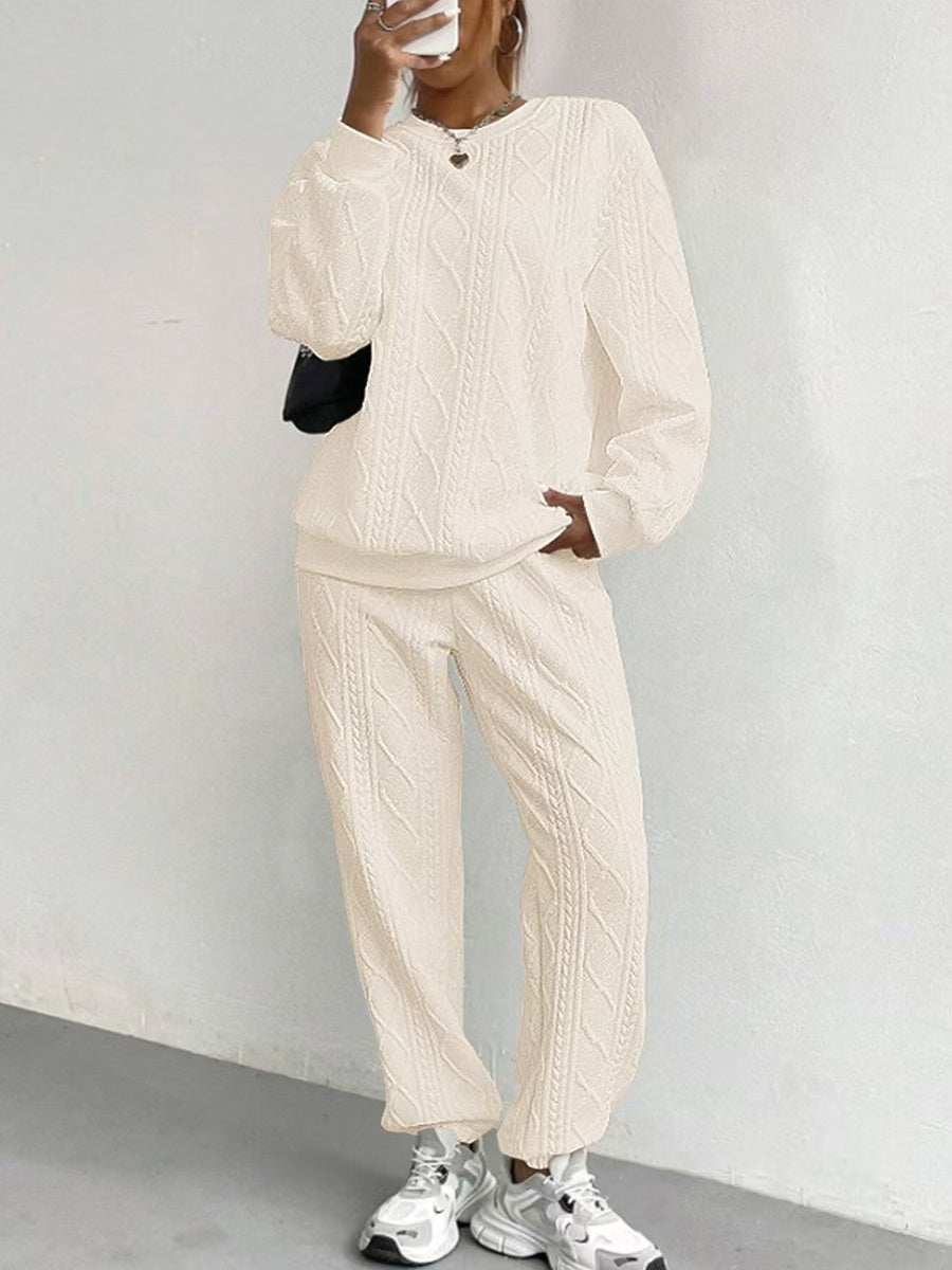 Loose-fitting Ribbed Jacquard Long-sleeved Sweatshirt Pants Casual Two-piece Set