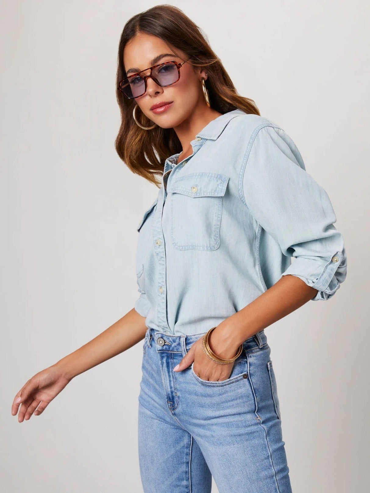 Lapel Single-breasted Long Sleeves Denim Shirt