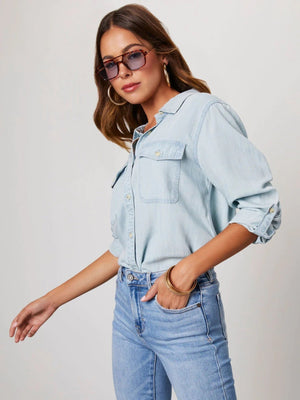 Lapel Single-breasted Long Sleeves Denim Shirt
