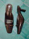 BIUCILI Original Design French-style Crocodile-patterned Cowhide Bow Low-cut High-heeled Mule Slippers For Women.