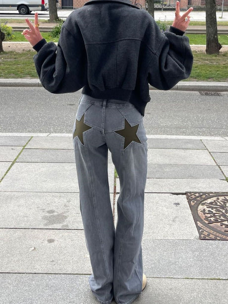 Y3K Color Blocking Five-pointed Star Low-waisted Wide-leg Pants Jeans