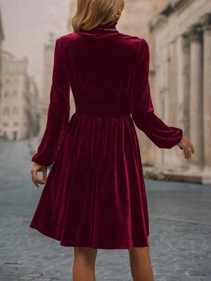 High Collar Gold Velvet Puff Sleeve Hit Long-sleeved Short Dress