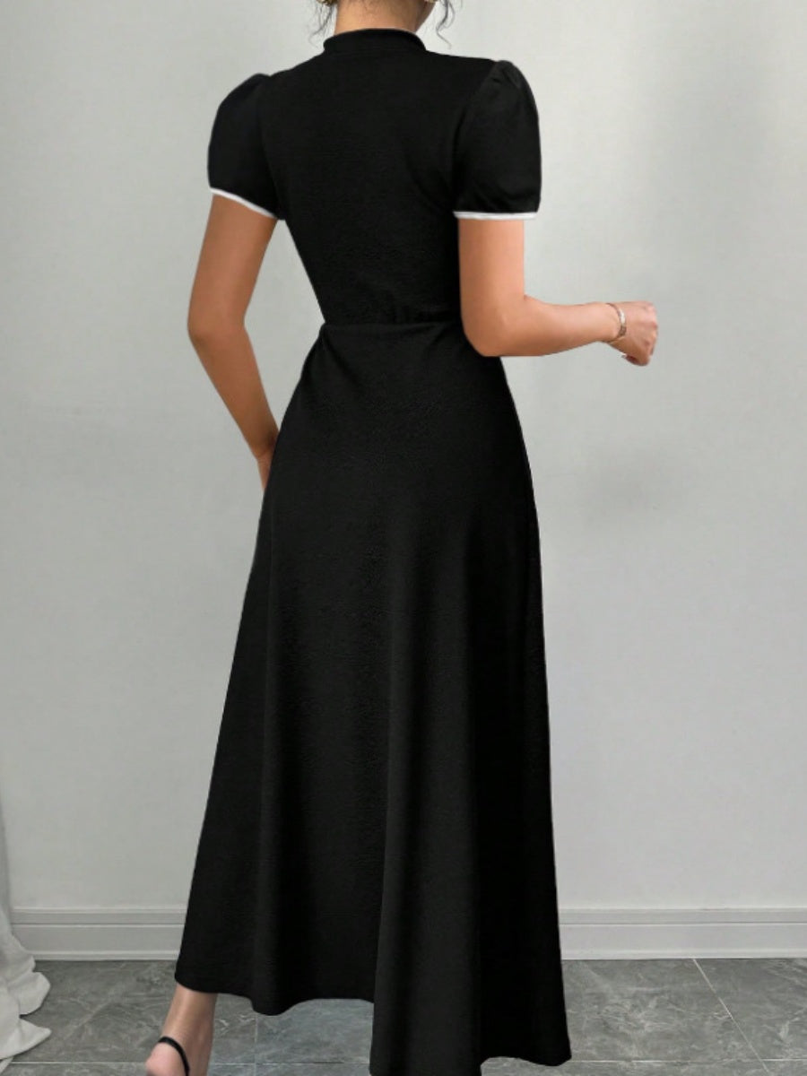 Long Dress With Puff Sleeves And Contrasting Chinese Knot Buttons