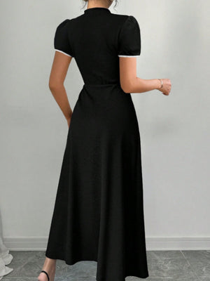 Long Dress With Puff Sleeves And Contrasting Chinese Knot Buttons