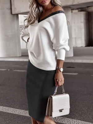 Loose-fit V-neck Sweatshirts&Hoodies Hip-hugging Slit Skirt Set 2-piece Sets